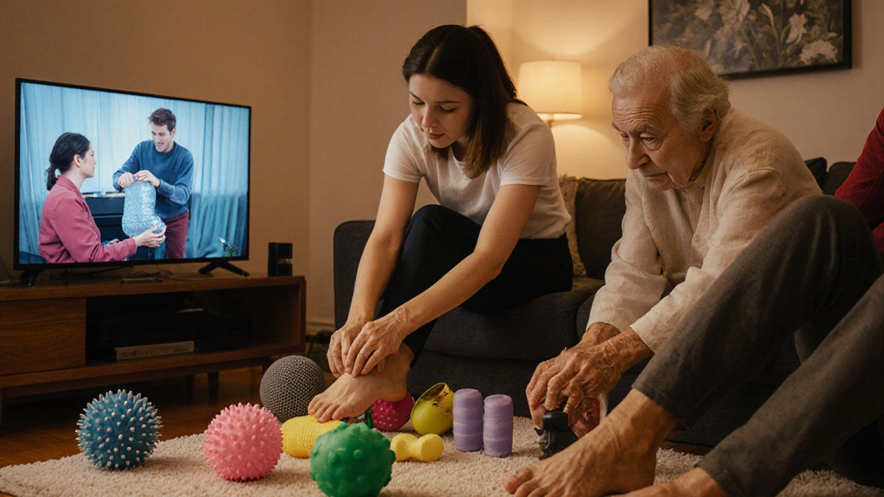 People practicing foot self-massage at home with simple tools like massage balls and frozen bottles.