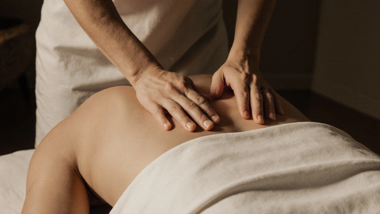 Skilled hands performing a therapeutic massage on a person&#039;s back, focused and gentle, with warm ambient light.