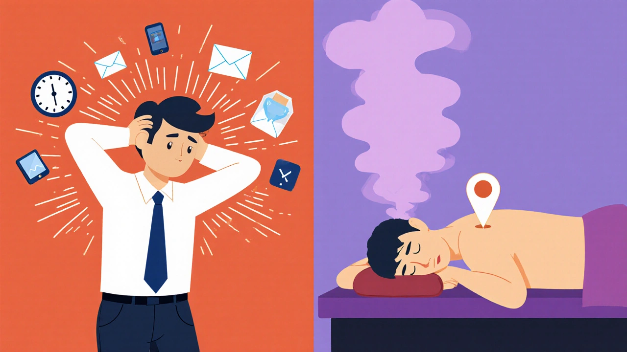 Split image showing stress dissolving into relaxation with a map pin marking local massage access in London.