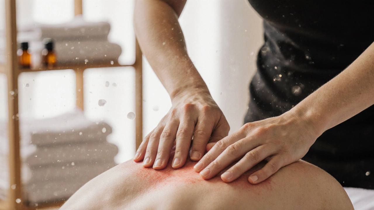 Therapist&#039;s hands gently working on a client&#039;s upper back during myofascial release treatment.