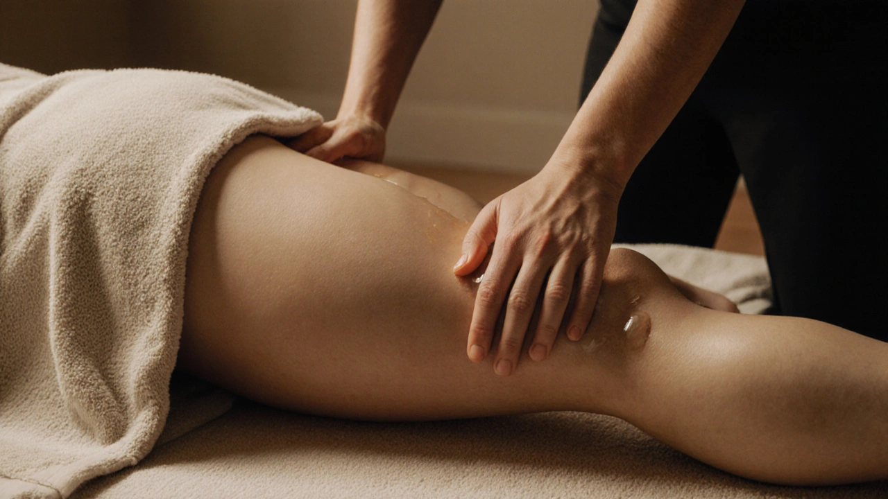 Therapist&#039;s thigh rolling gently along a client&#039;s hamstring with natural oil glistening under warm light.