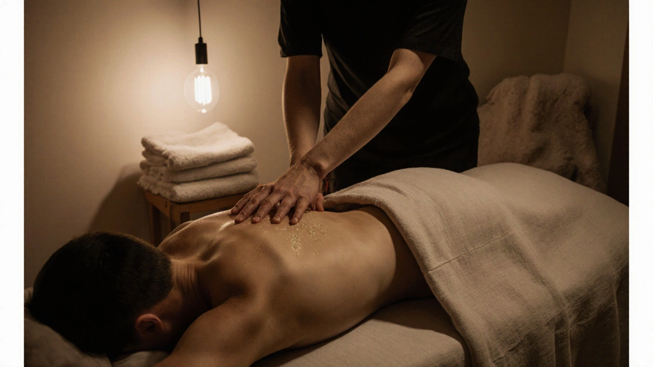 Therapist using forearm to apply gentle pressure on a client&#039;s back during a body-to-body massage in a warm, dimly lit room.