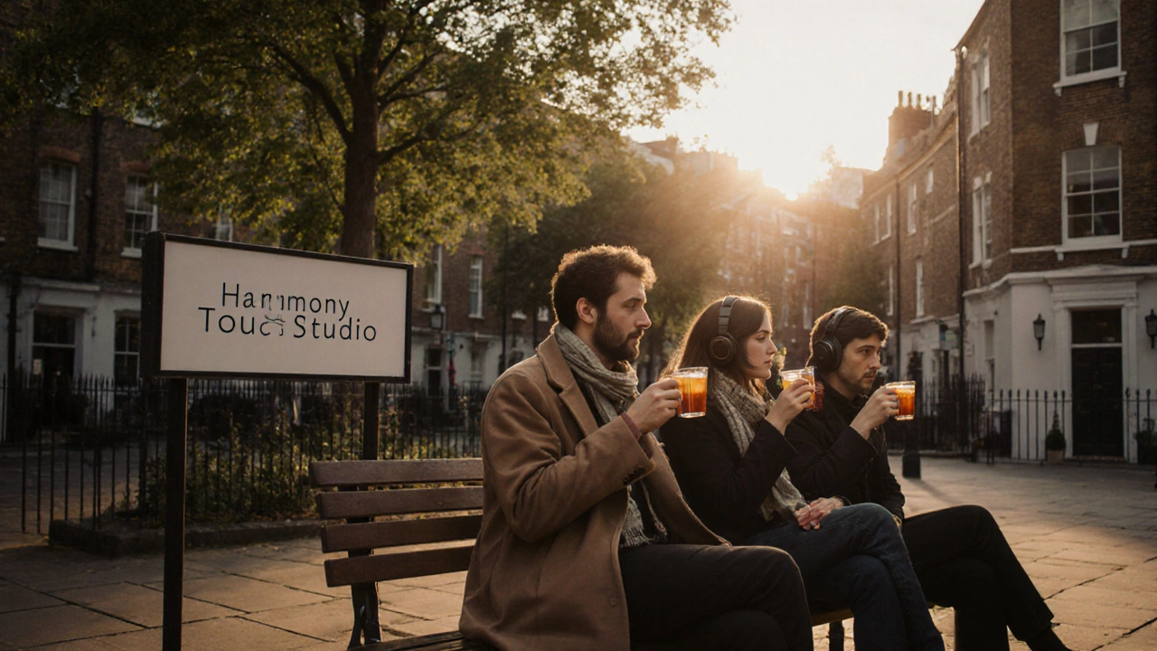 Three diverse individuals sitting peacefully on a bench in a North London courtyard after a healing massage session.