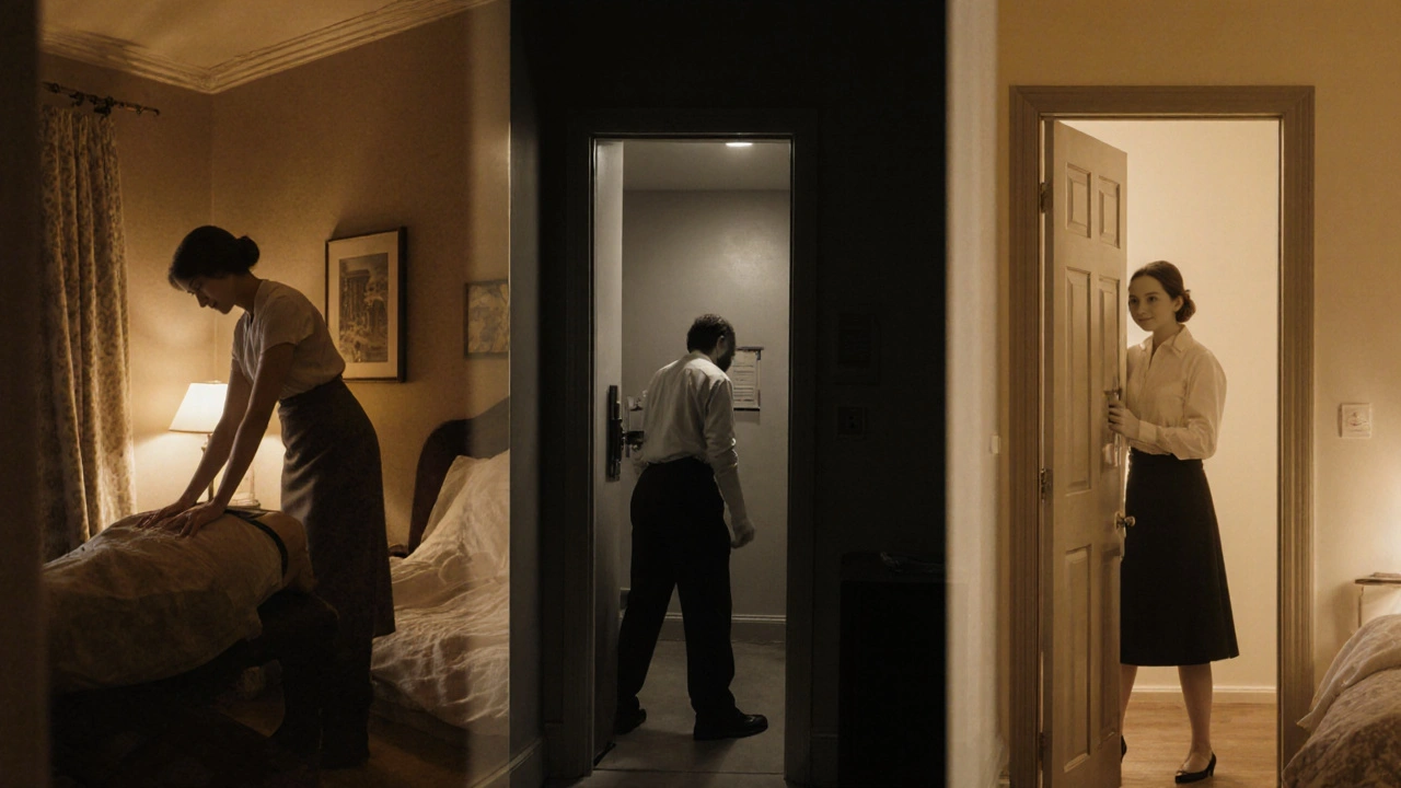 Three eras of body-to-body massage in London — 1920s, 1990s, 2020s — merged into one peaceful scene of healing through touch.