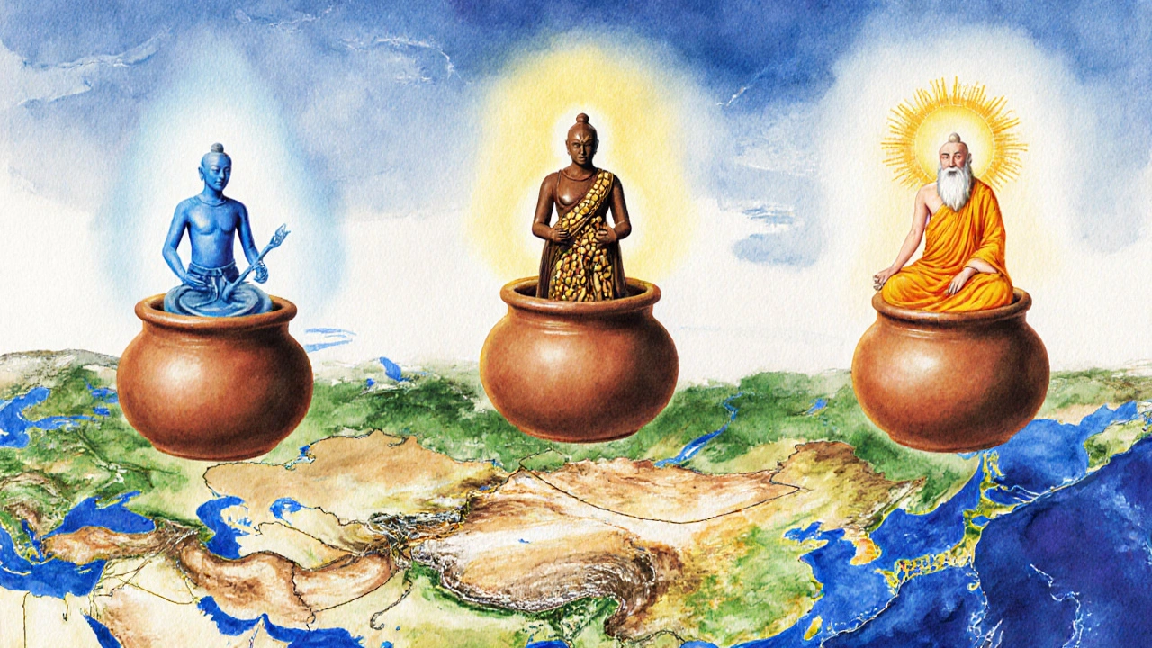 Three magical oil spirits representing coconut, sesame, and turmeric above Thailand.
