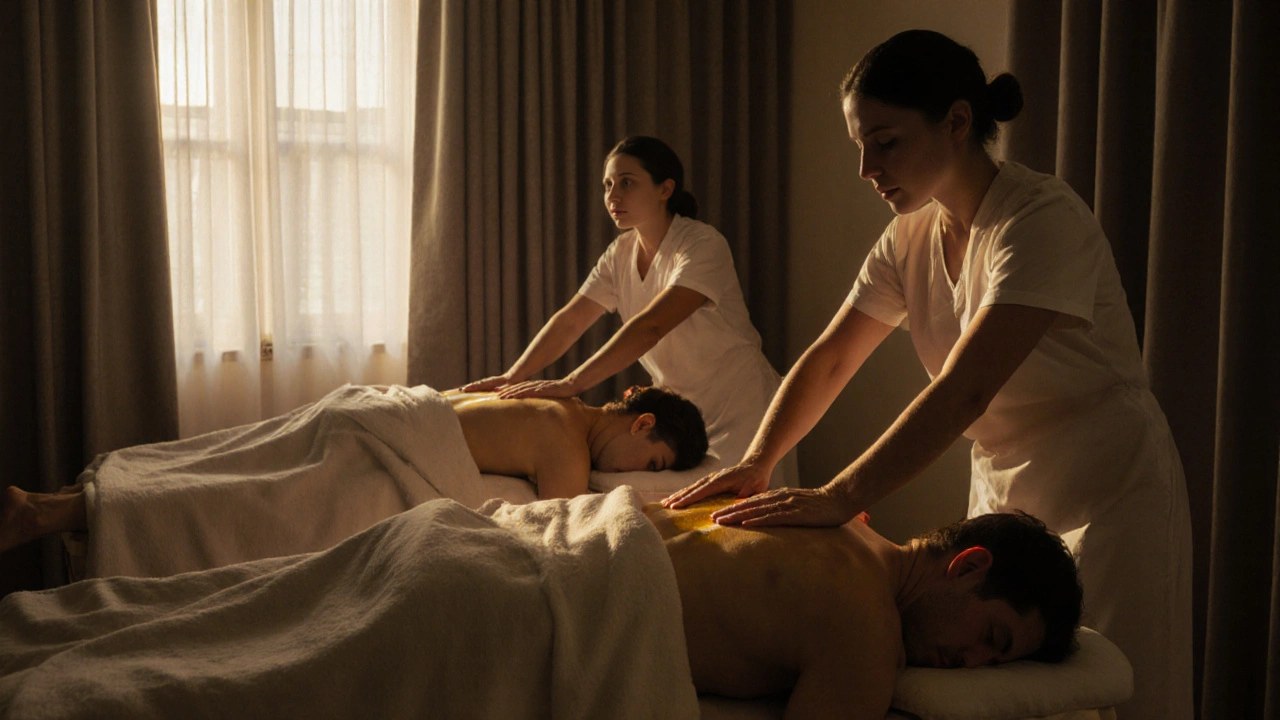 Two clients receiving side-by-side body-to-body massages in a quiet, warm studio setting.