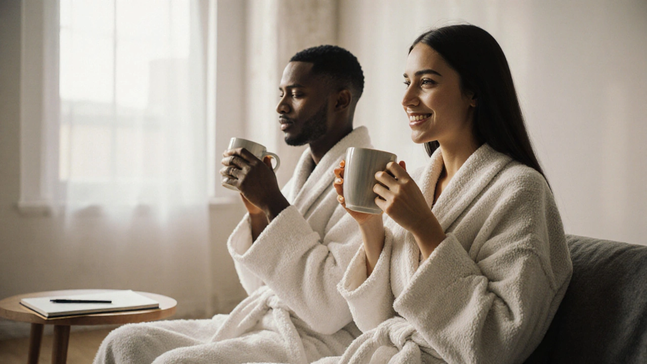 Two people sitting quietly side by side after a session, wrapped in robes, sipping tea in soft morning light.