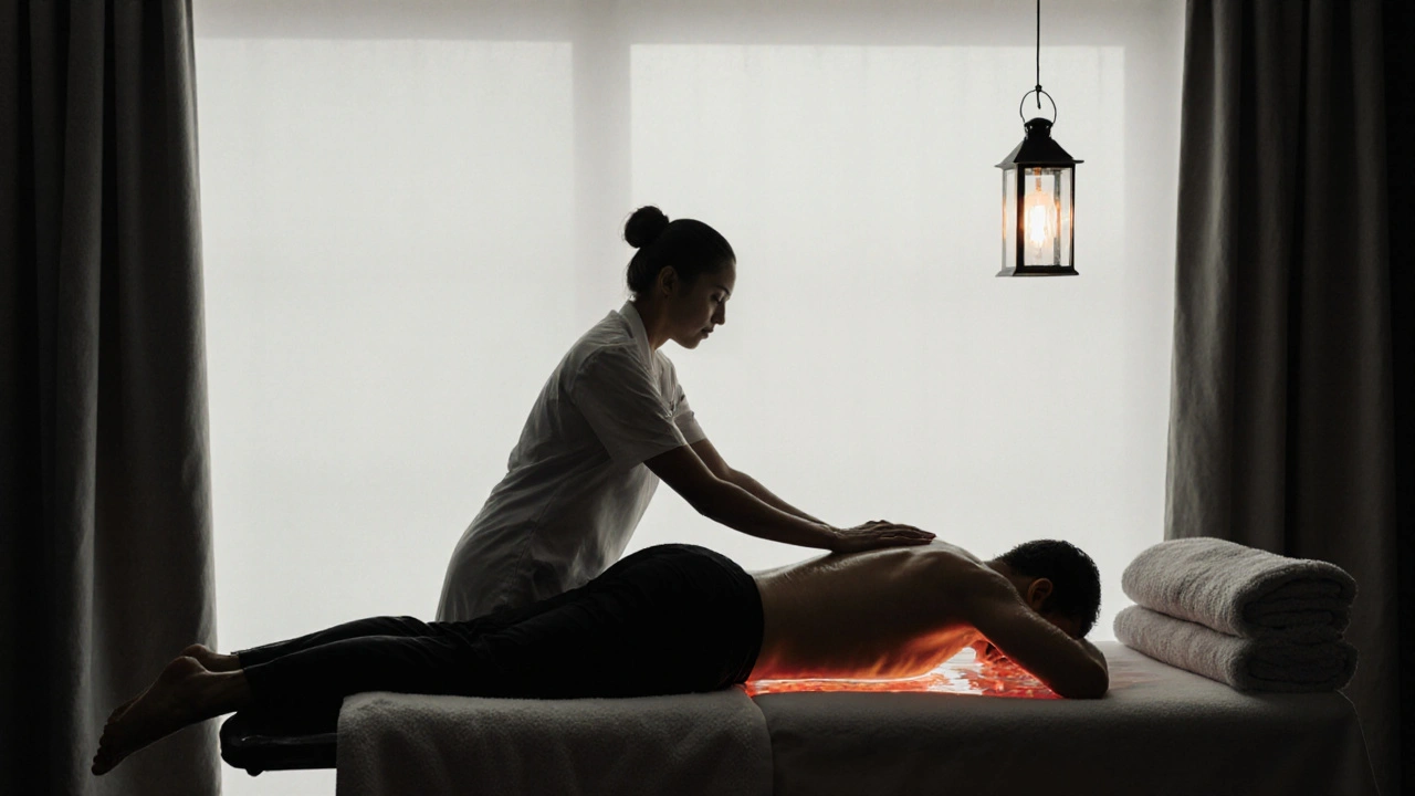 Two silhouettes in fluid motion during a Nuru massage, coated in gel, under soft ambient light.