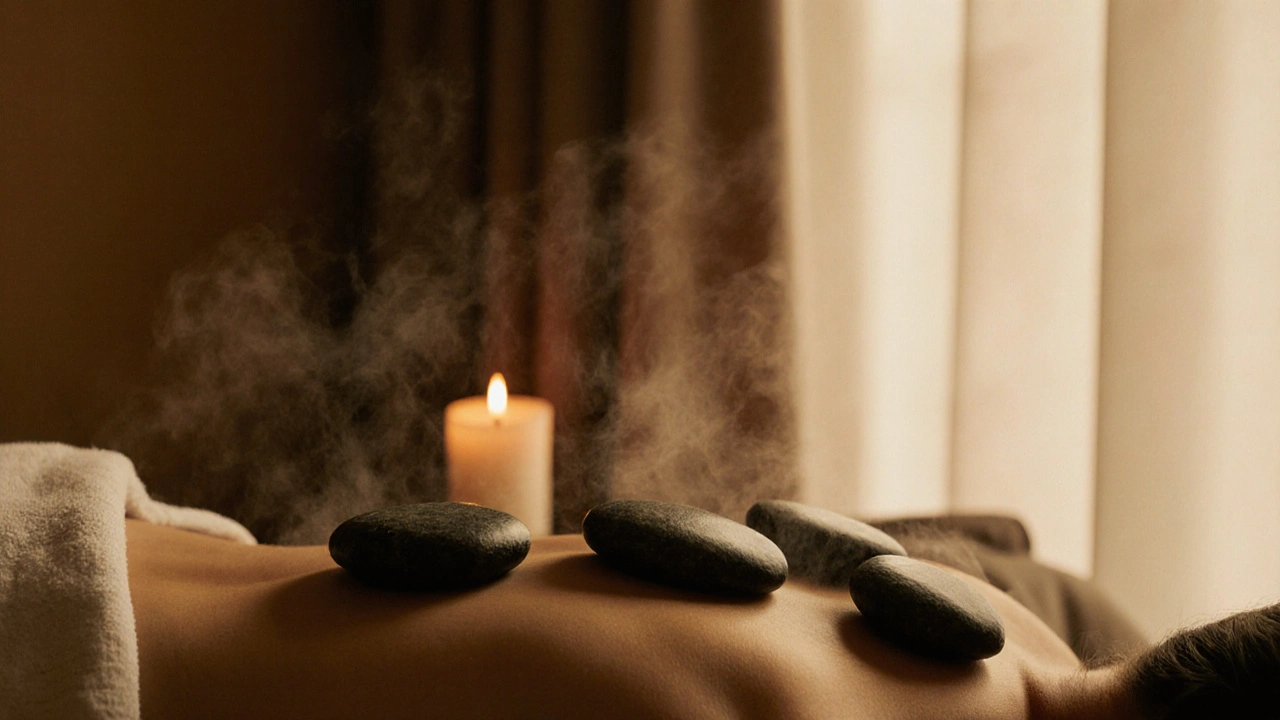 Warm basalt stones resting on a draped back under soft light, evoking calm and healing.
