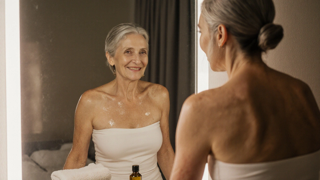 Woman admiring her glowing skin in a mirror after a massage, no makeup, natural radiance.