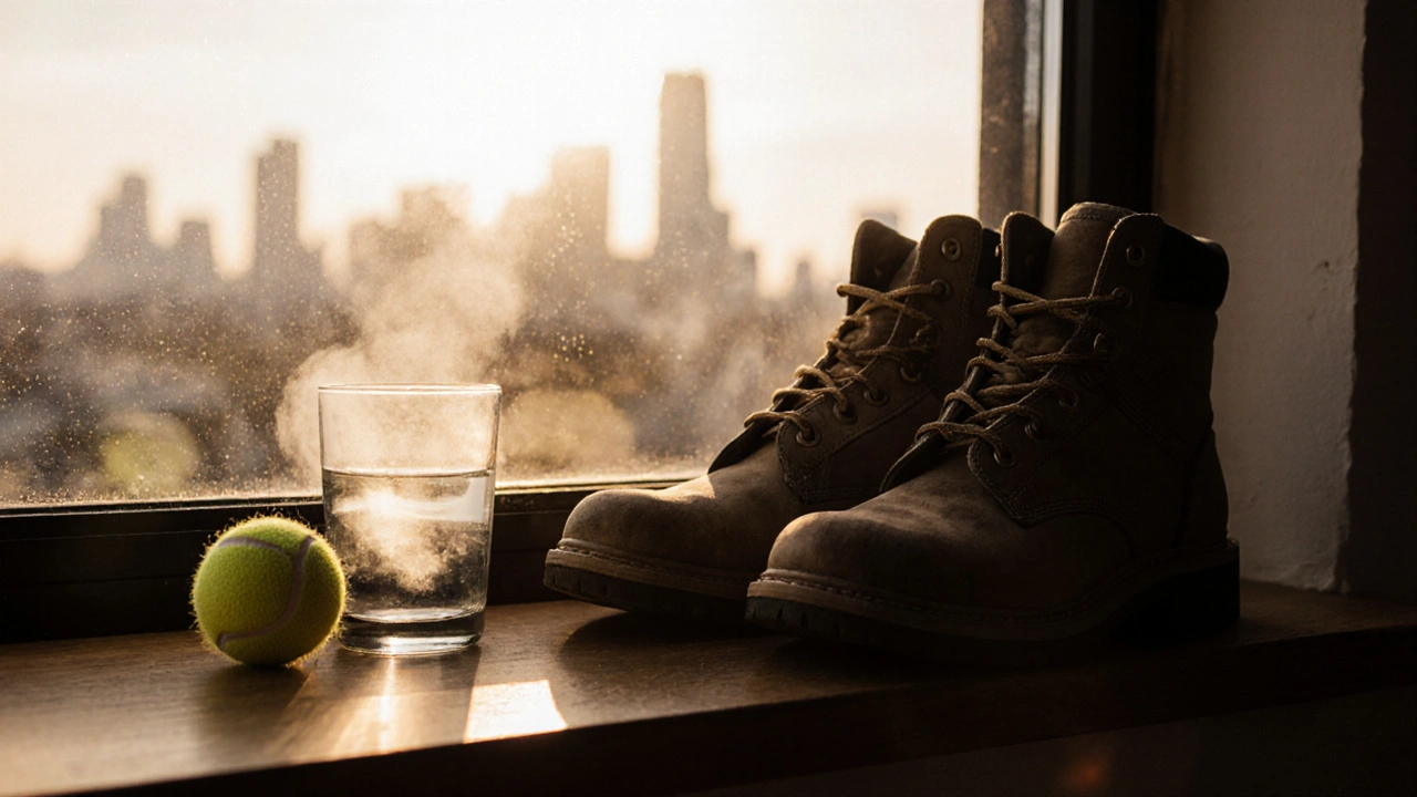 Work boots and a tennis ball beside a glass of water at dusk, symbolizing daily self-care.