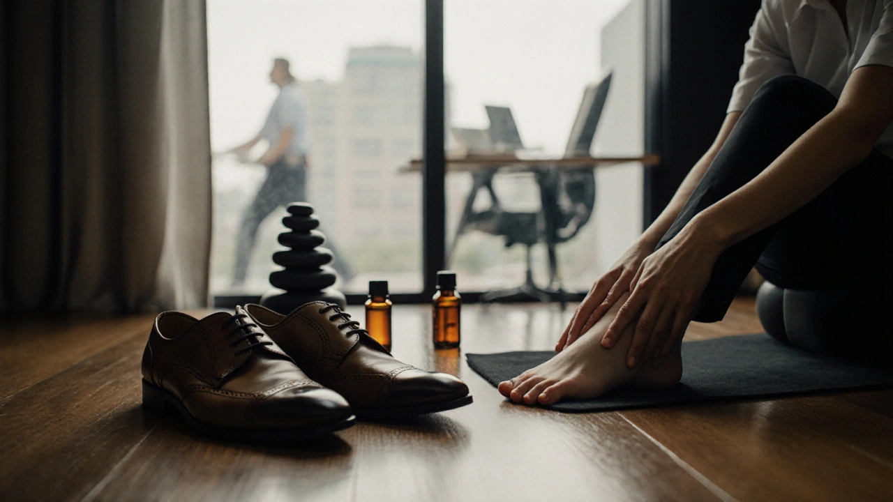Worn dress shoes beside a therapeutic foot massage setup with heated stones and calming oils.