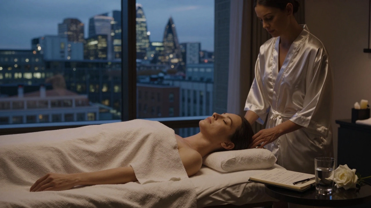 A client relaxed on a luxury massage table in a Mayfair suite, city lights visible through the window, surrounded by quiet elegance.