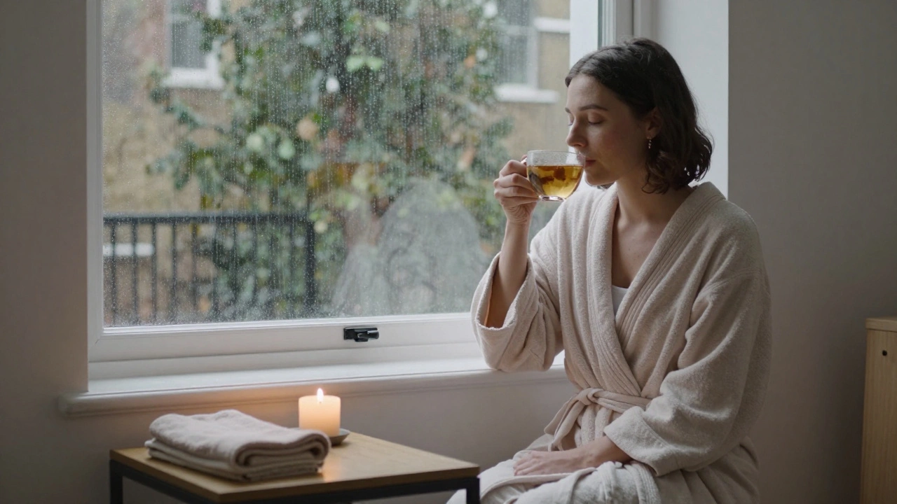 A client sits peacefully wrapped in a robe, sipping tea after a session, rain falling outside a quiet London studio window.