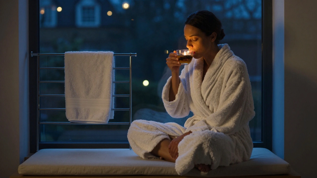 A client wrapped in a robe, drinking tea in calm after a massage, candlelight glowing softly.
