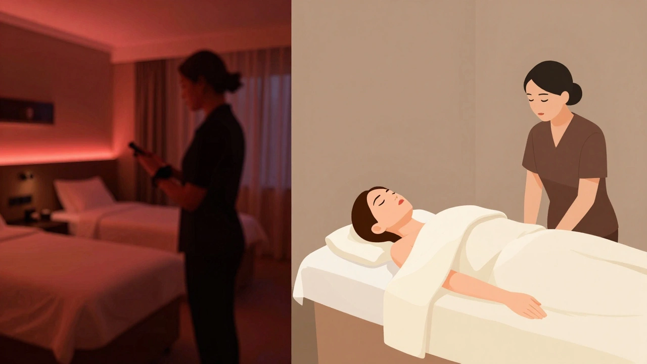 A conceptual split image: chaotic hotel room vs. serene massage studio, symbolizing transactional sex versus therapeutic touch.