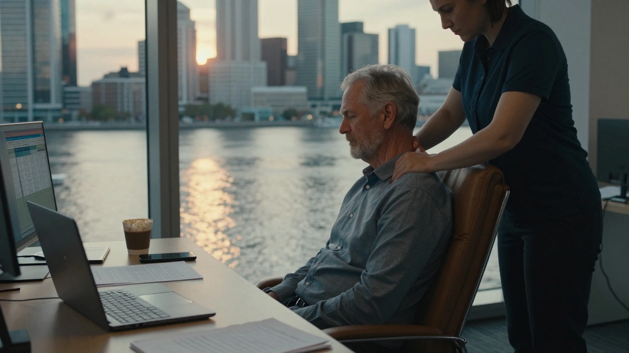 A consultant gets a chair massage in their Canary Wharf office at sunset, surrounded by work tools, finding peace after a long day.