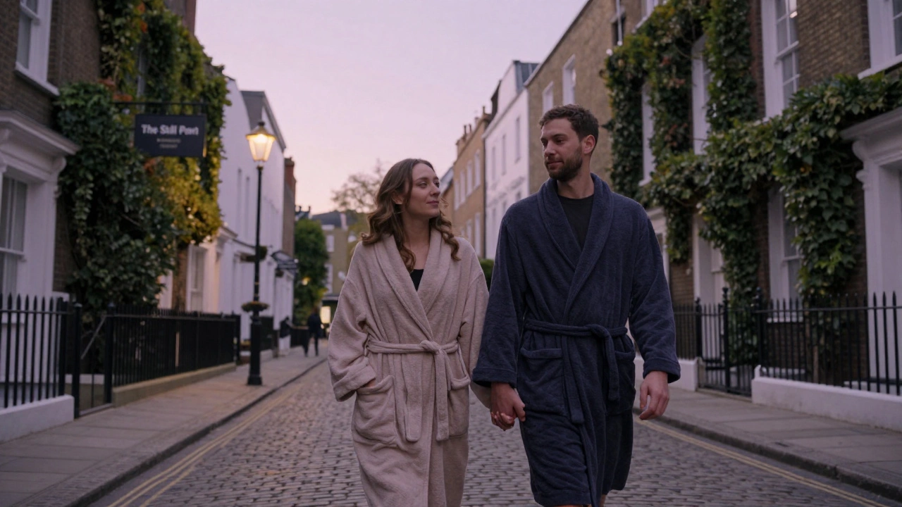 A couple walks hand in hand after a massage, wrapped in robes, leaving a quiet London studio at dusk, renewed and connected.