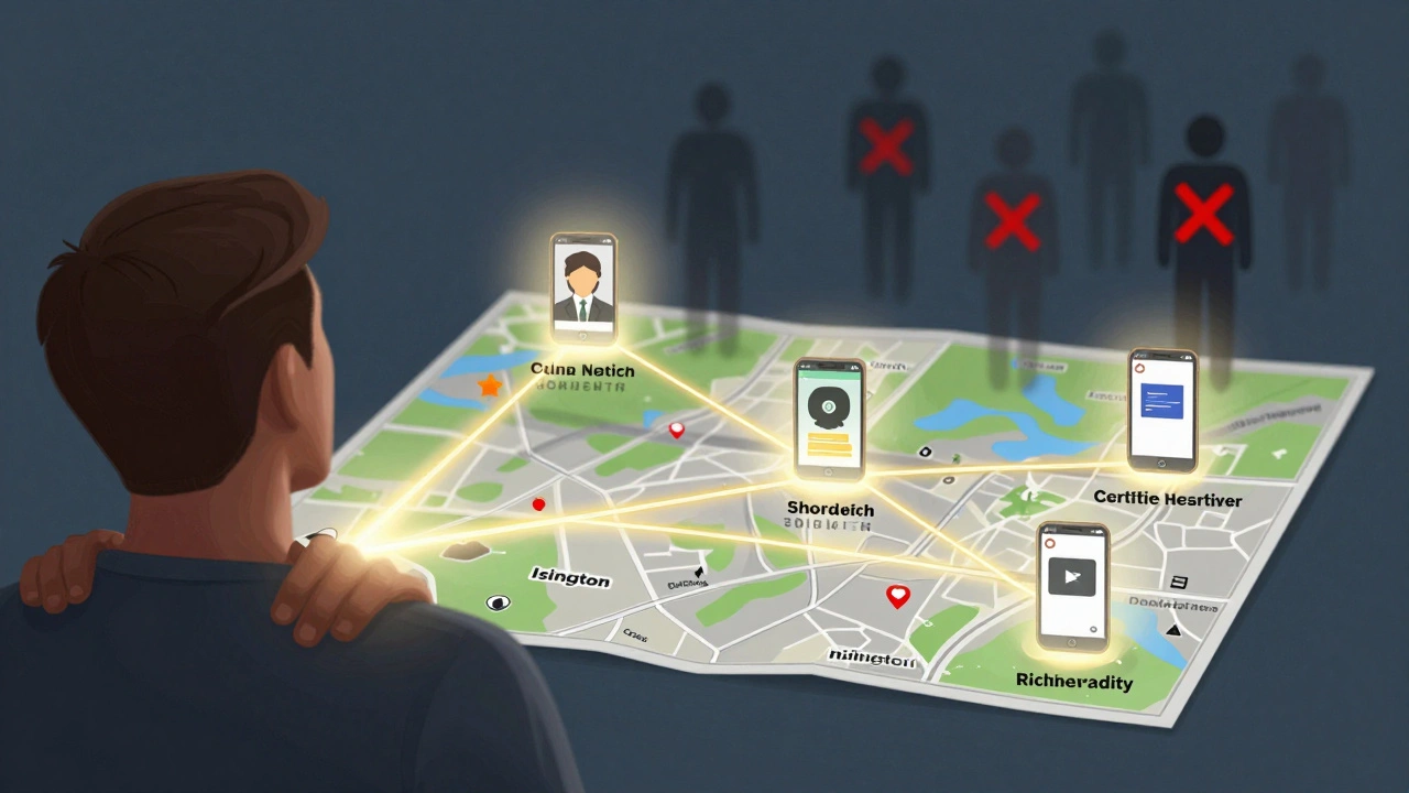 A golden thread links a person's tension to certified massage therapists across London neighborhoods.