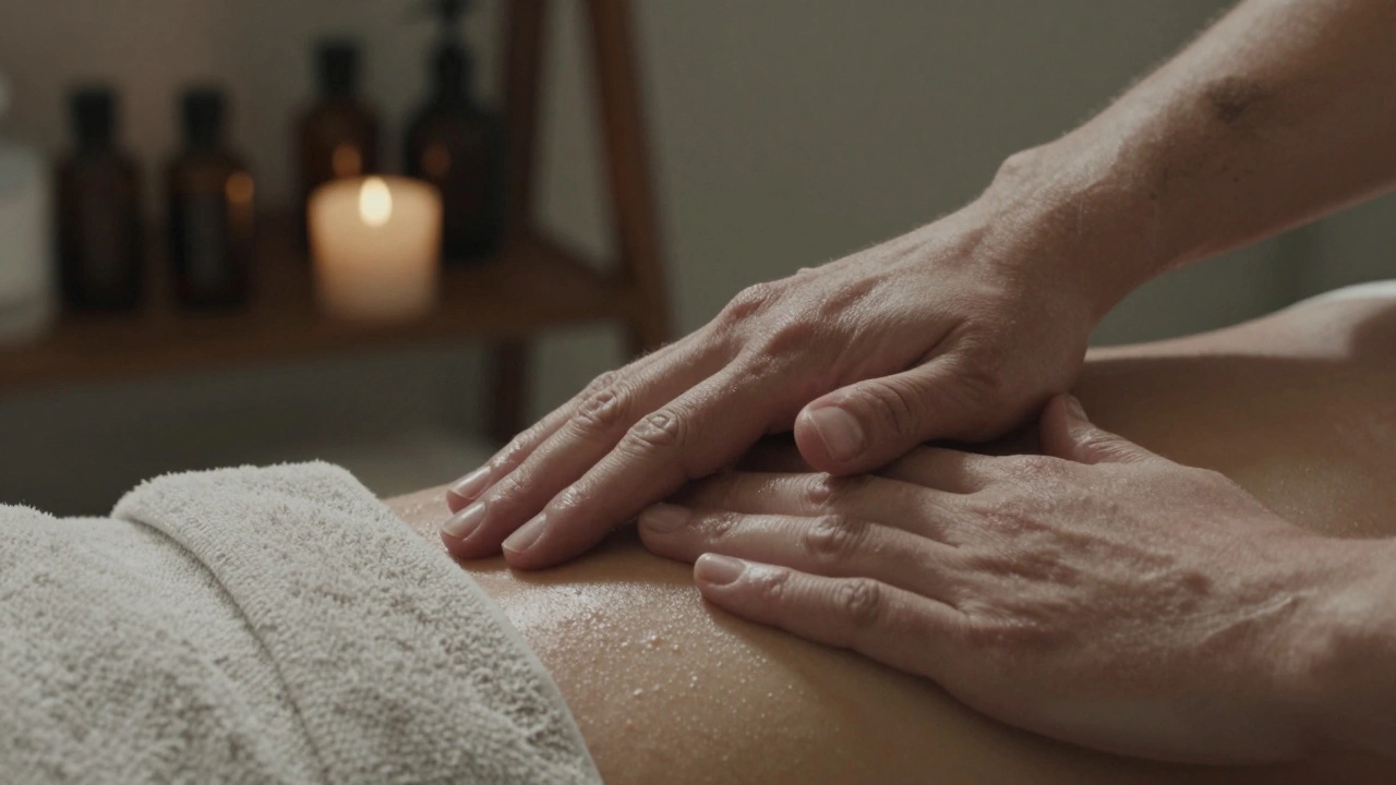 A hand gliding gently over oiled skin, with linen towel and candle in background, conveying tender touch.
