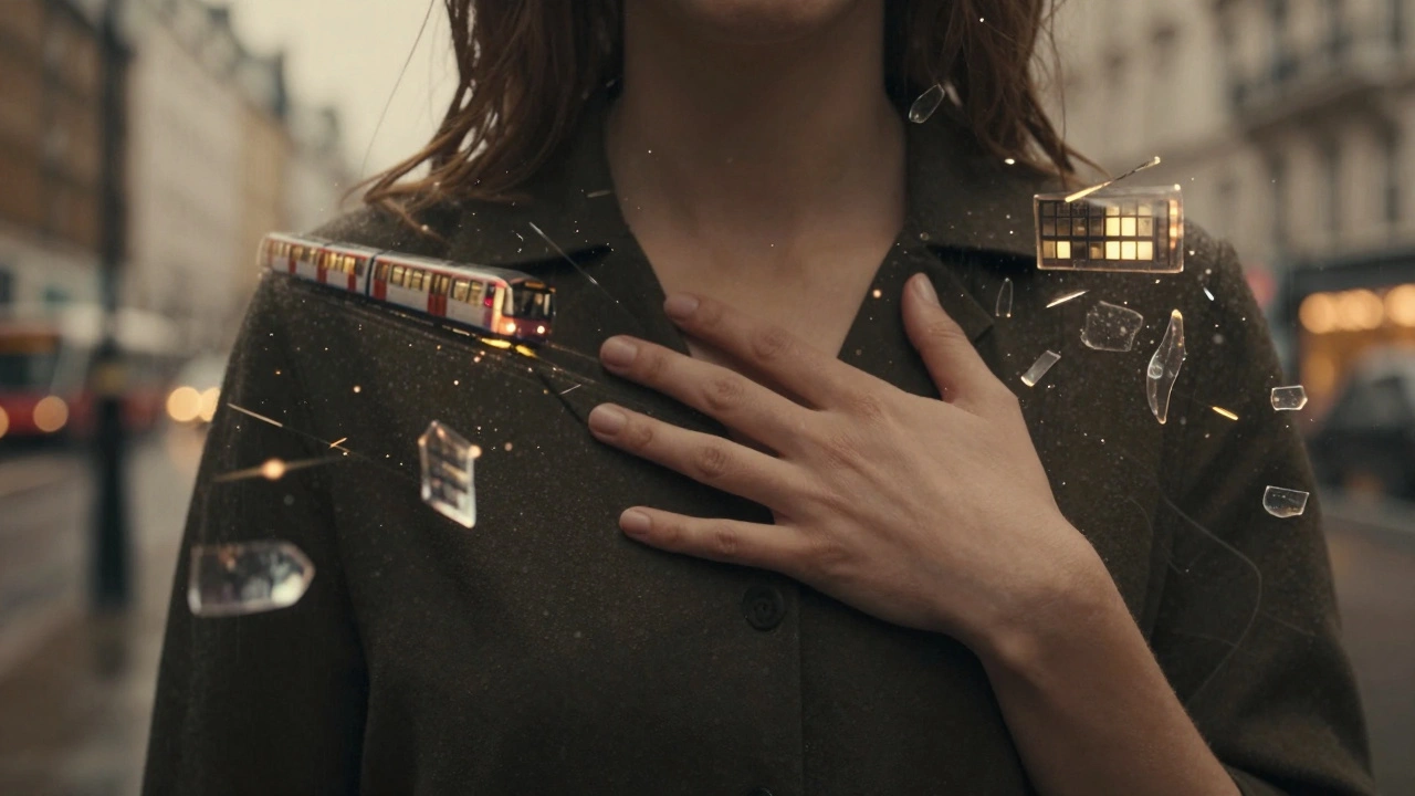 A hand resting on a chest as fragments of urban London dissolve into warm light, symbolizing emotional connection.