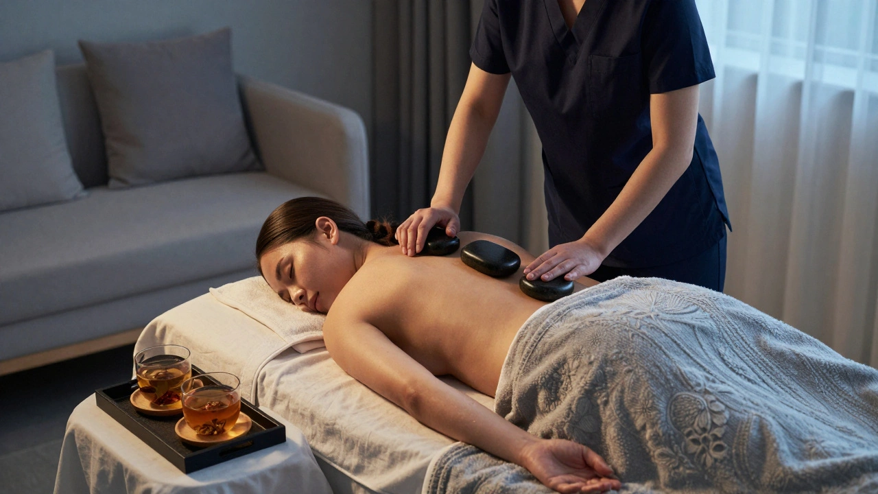 A luxury hot stone massage in a living room with herbal tea and heated stones on a client's back.
