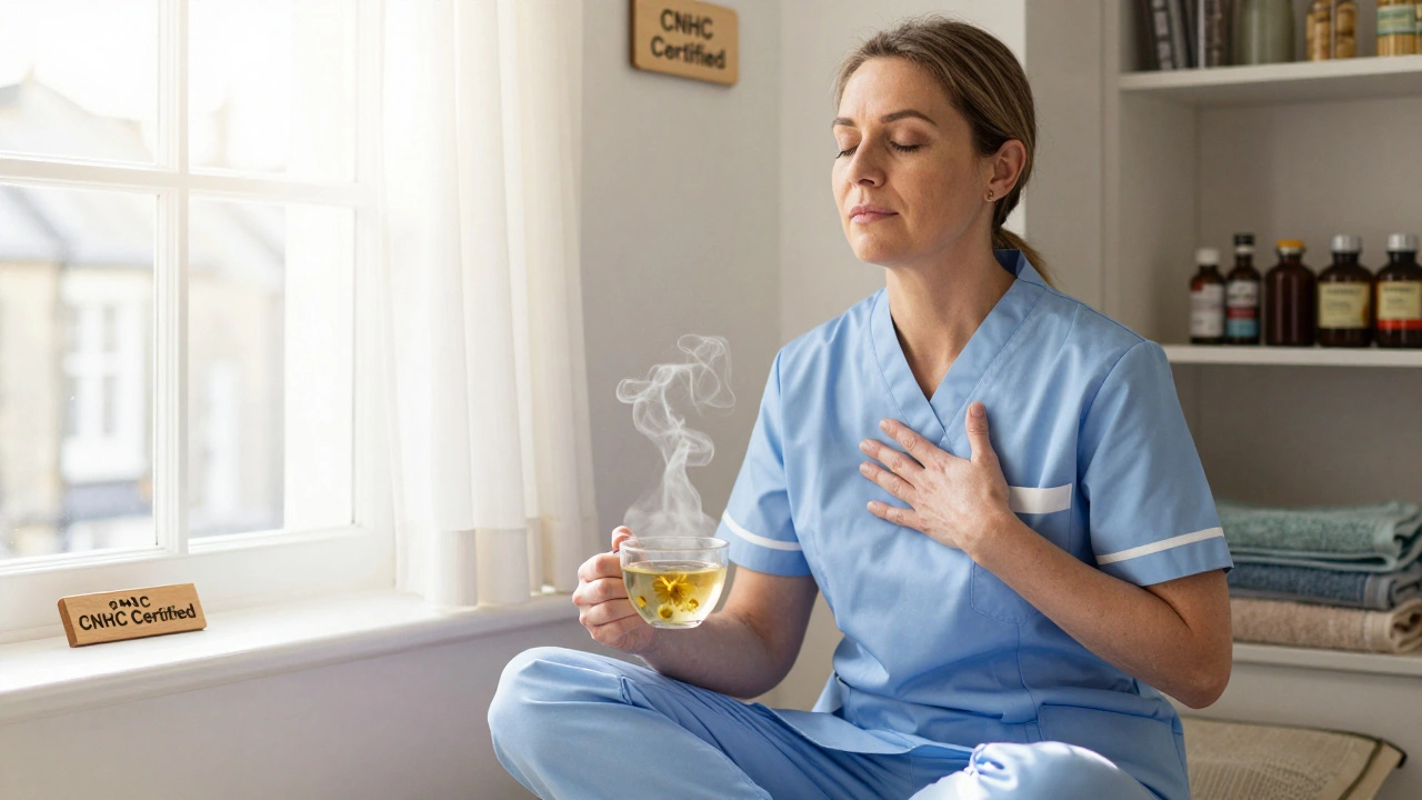 A nurse relaxing after a massage in a sunlit Notting Hill studio, holding tea, eyes closed in calm peace.