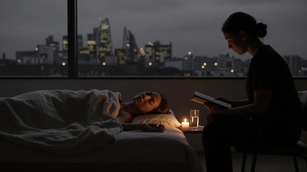 A peaceful client resting under a blanket, eyes closed, as a therapist sits quietly nearby in a dimly lit London bedroom at night.