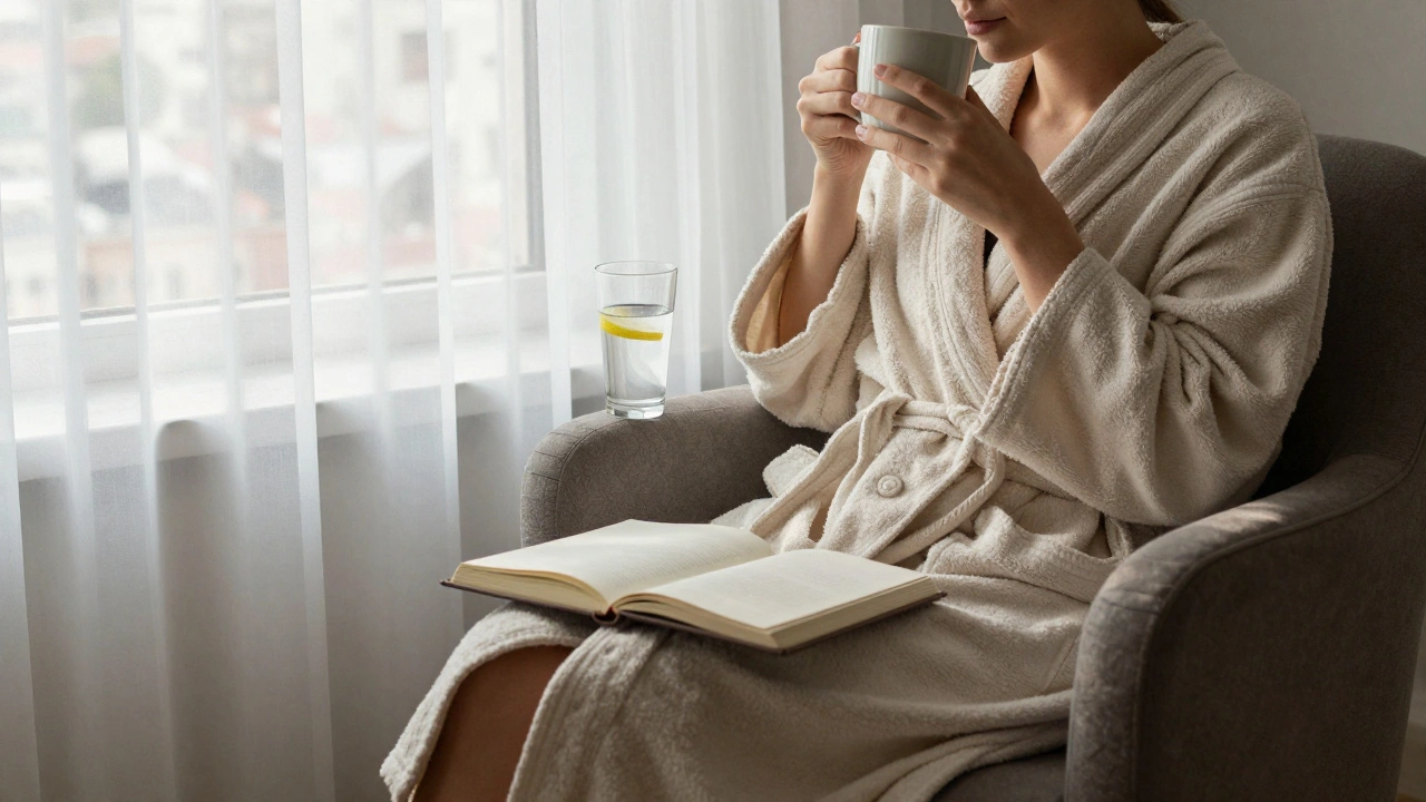 A person relaxed in a robe, sipping tea by a window after a massage, morning light streaming softly through curtains.