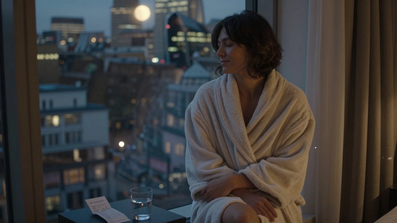 A person sitting peacefully by a hotel window, wrapped in a robe, gazing at city lights after a calming session.