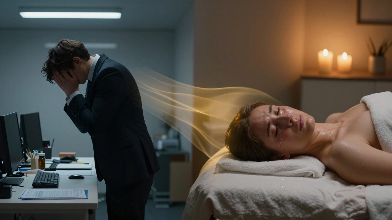 A person transformed from stressed office worker to serene client, connected by golden light symbolizing emotional release.