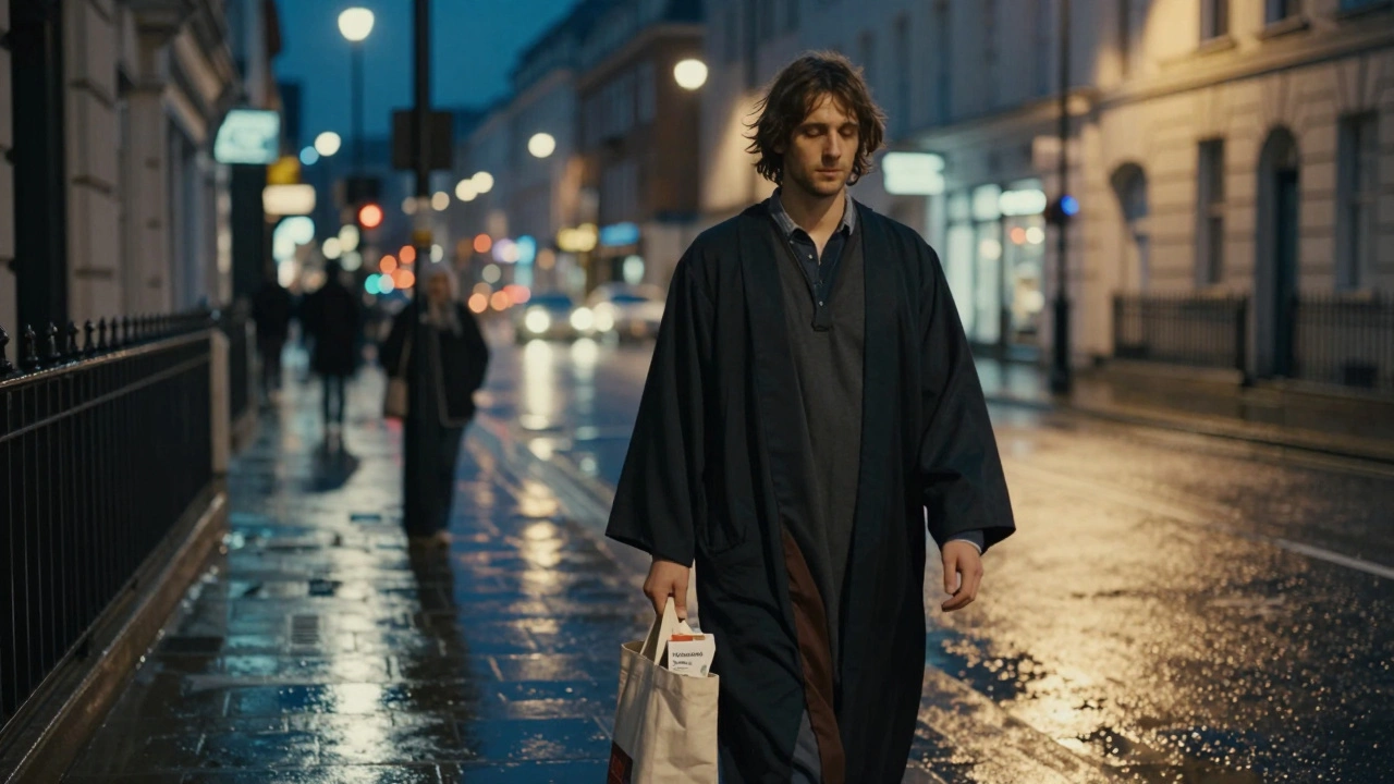 A person walks alone through a rainy London night, robe-clad and serene, carrying the quiet peace of a recent therapeutic massage.