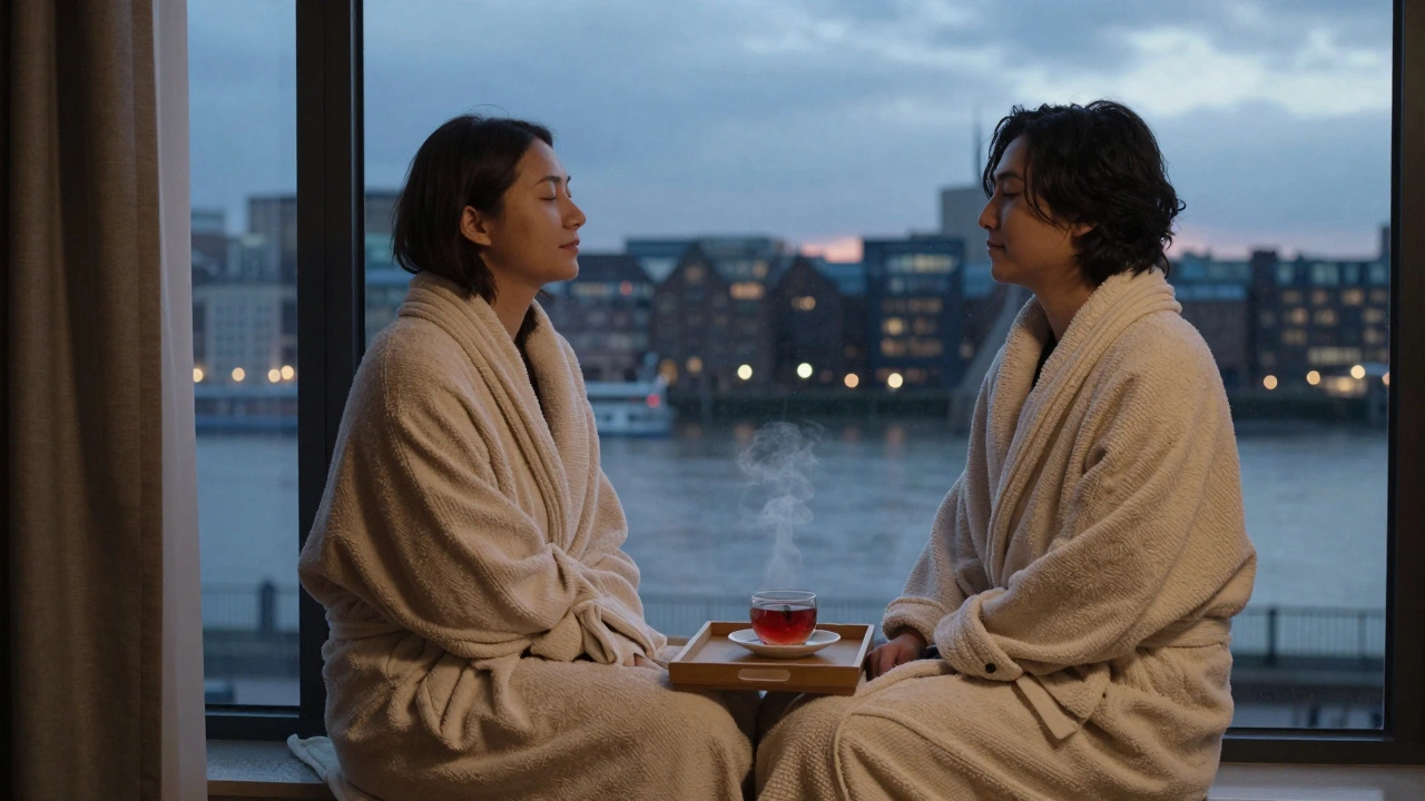 A person wrapped in a robe, gazing peacefully at the Thames at dusk after a healing massage session.