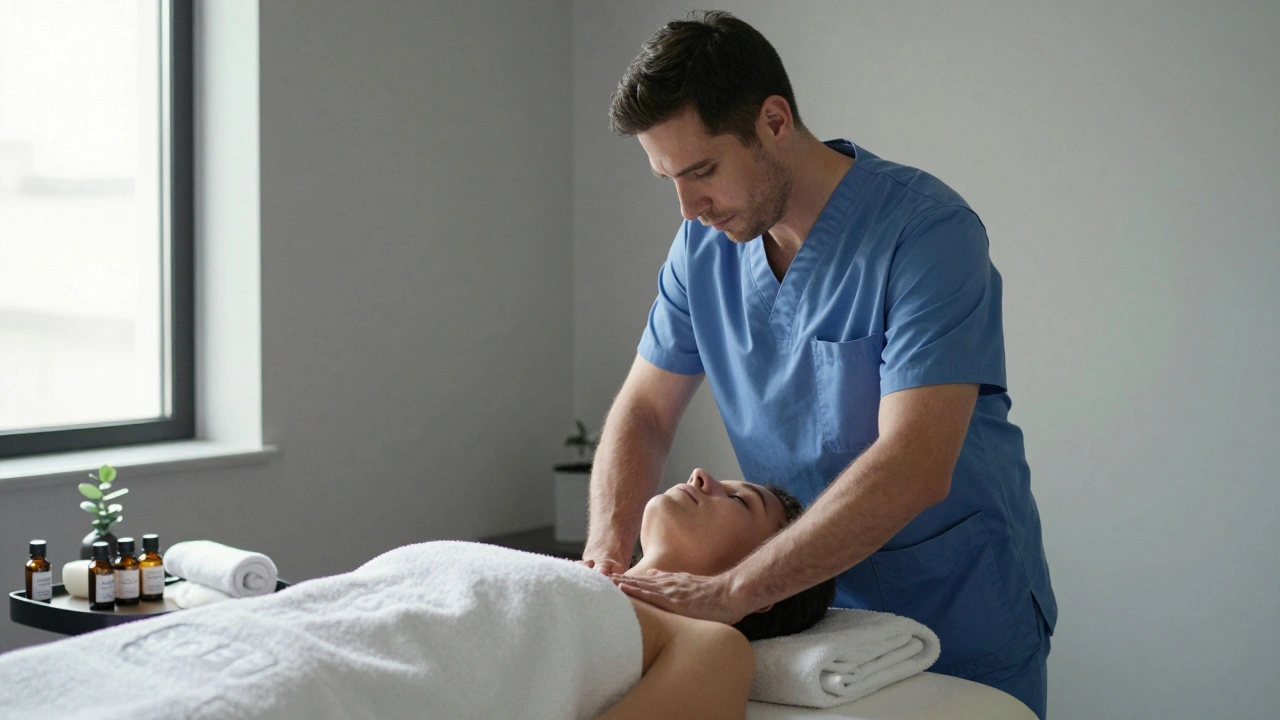 A professional therapist performing deep tissue massage on a client in a clean, minimalist studio setting.