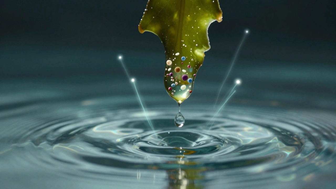 A single drop of seaweed gel refracting light, revealing healing minerals and energy waves.