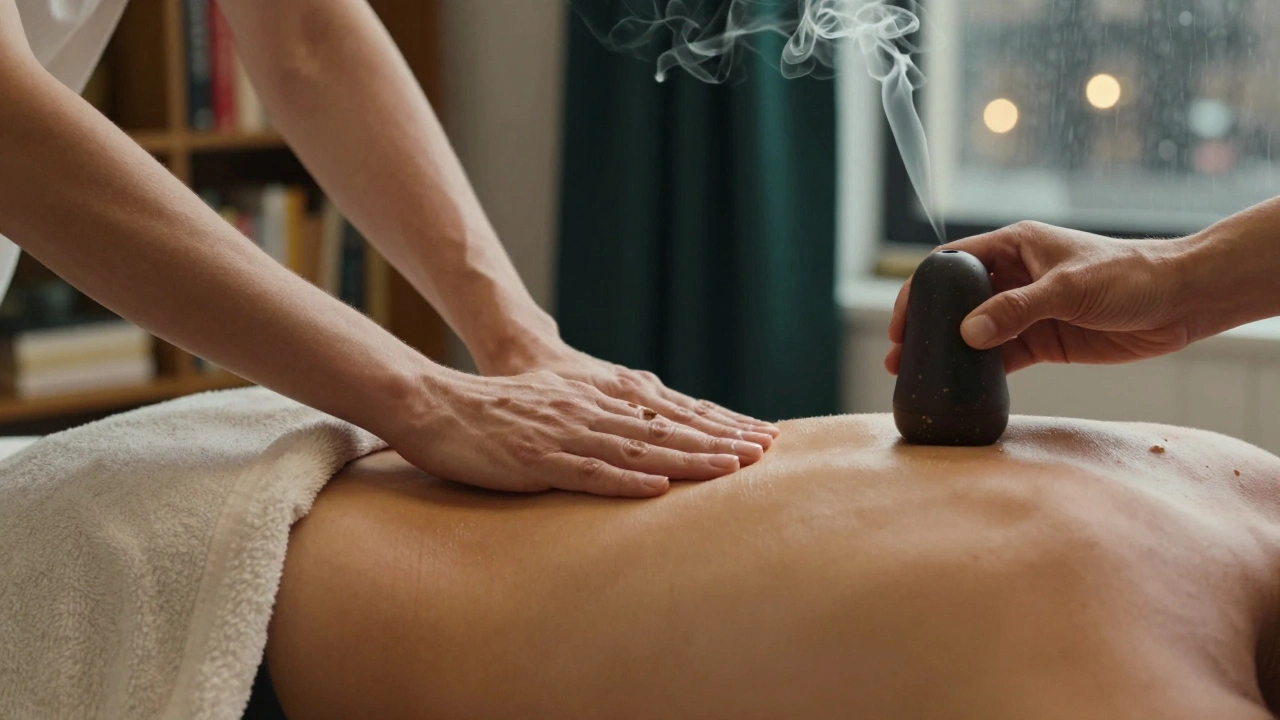 A therapist&#039;s hands gently massaging a person&#039;s back through a draped sheet, with lavender oil and aromatic smoke creating a soothing atmosphere.