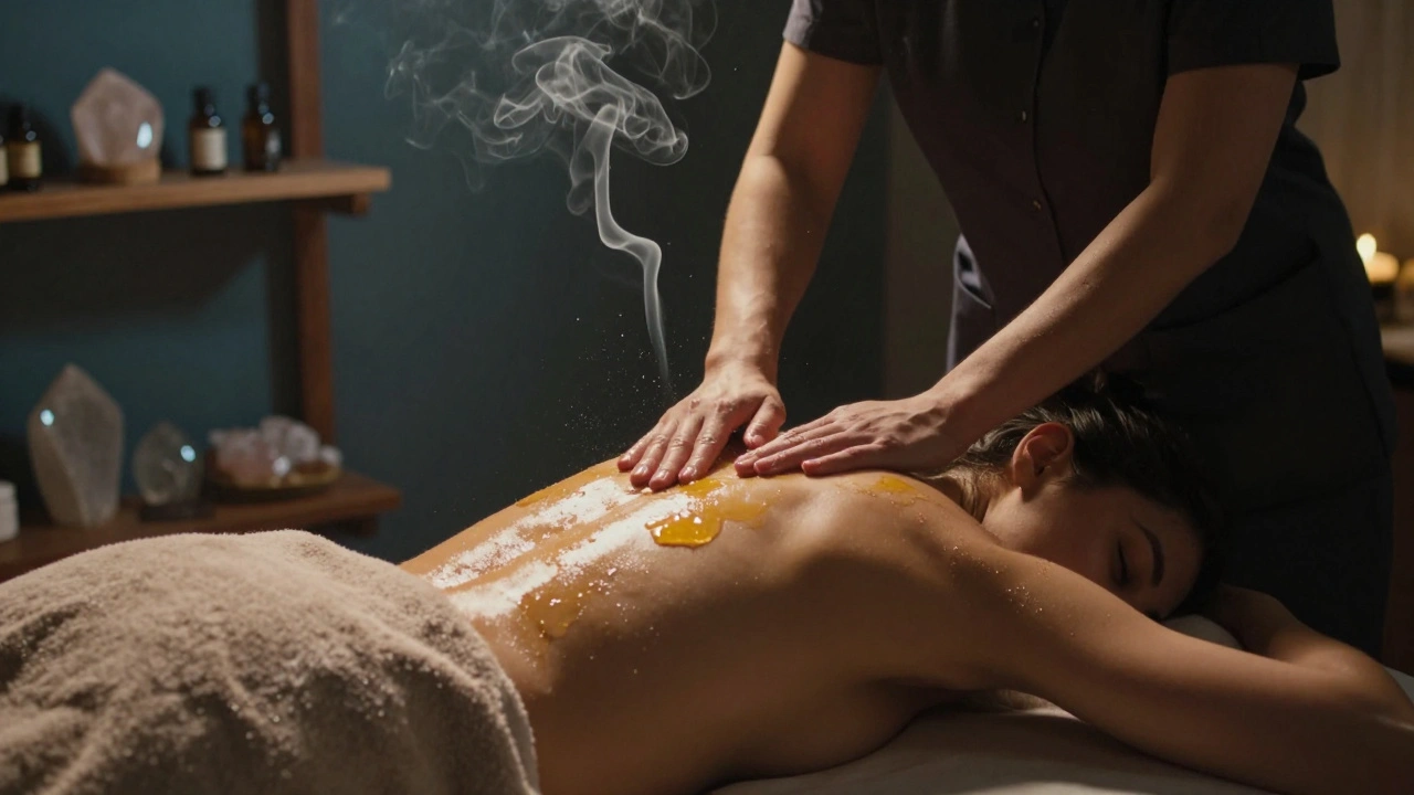 A therapist gently applying oil to a client&#039;s back in a softly lit, tranquil massage room.