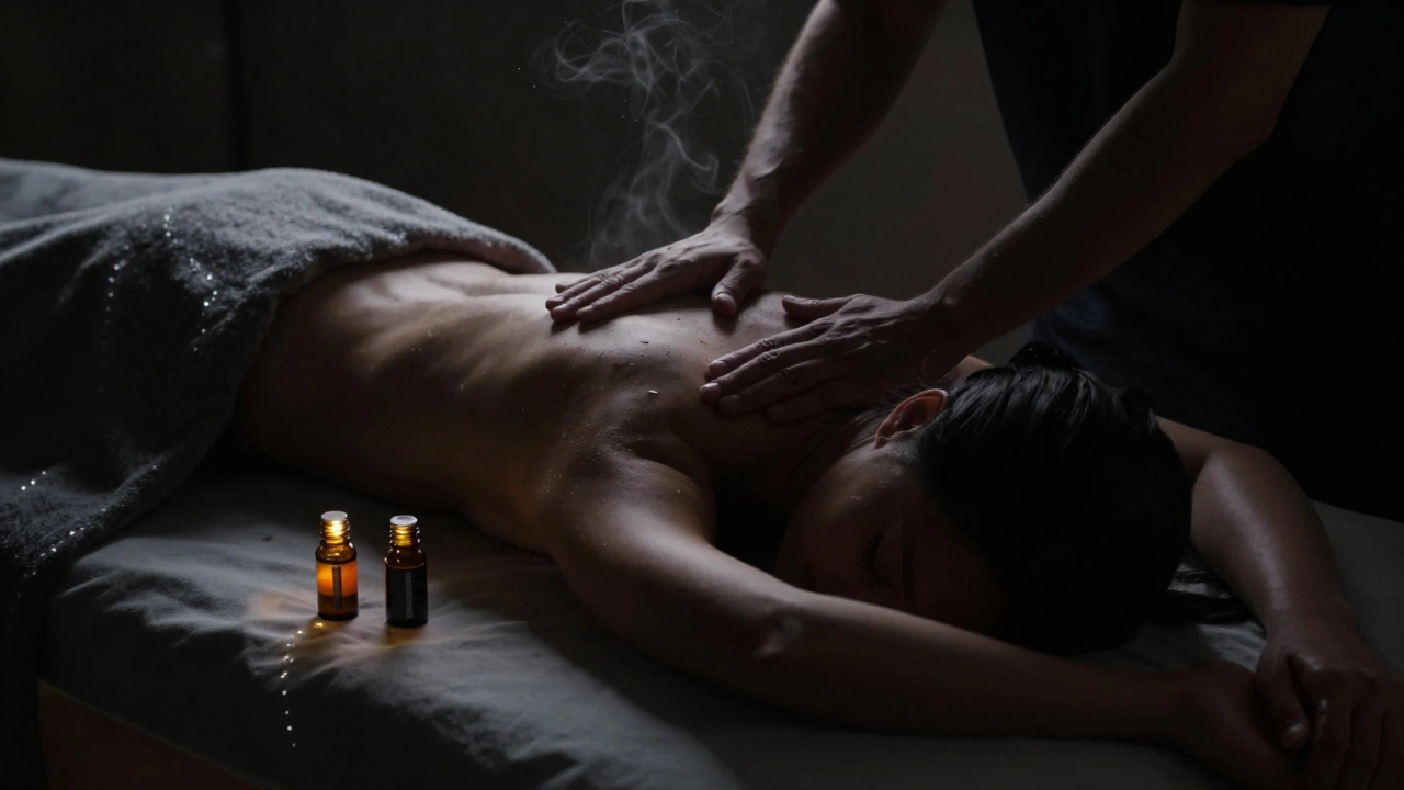 A therapist gently massaging a client in complete darkness, with essential oils diffusing softly in the air.