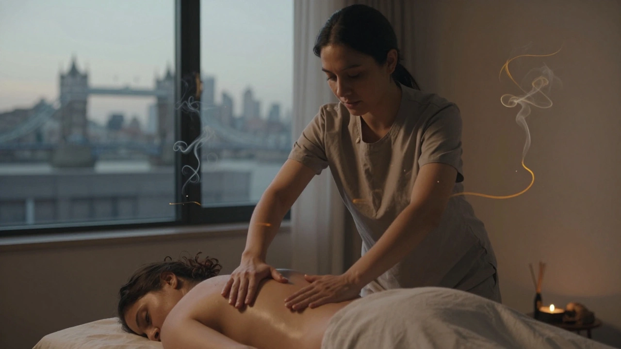 A therapist using slow forearm strokes on a draped client during a tantric massage, incense rising in the background.