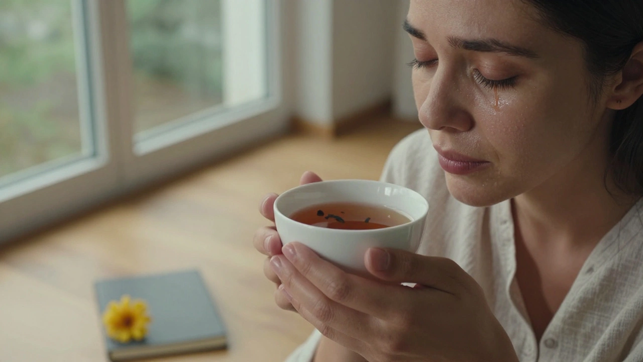 A woman holding tea after a session, eyes closed, tears on her cheeks, sunlight streaming through windows.
