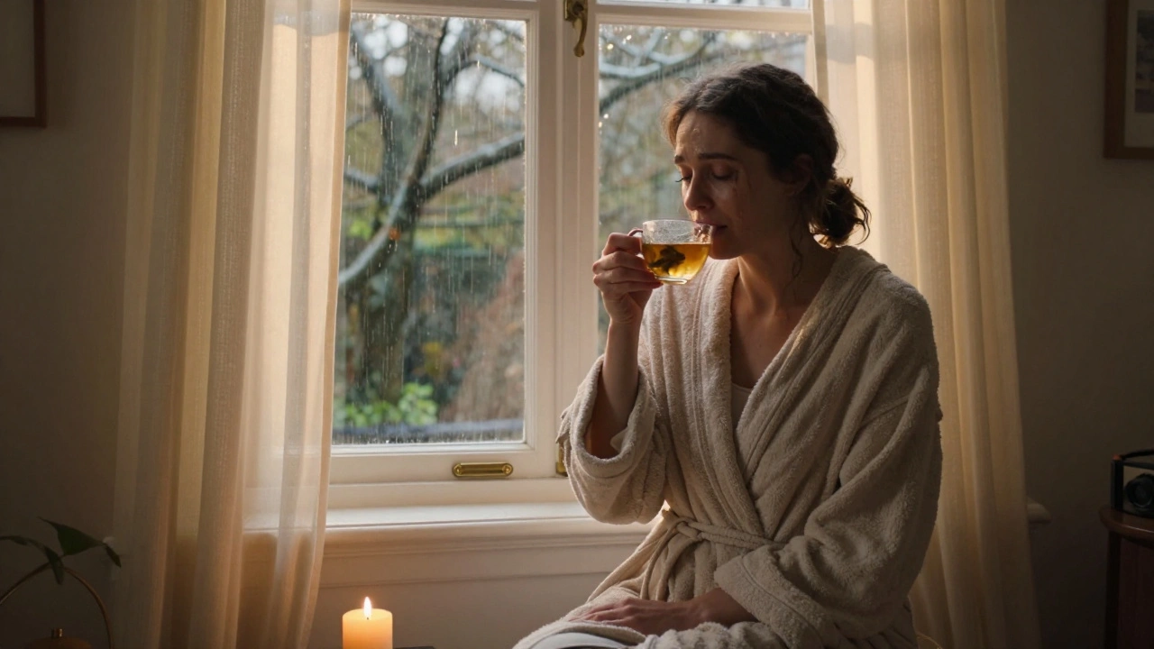 A woman sits quietly after a yoni massage, sipping tea by a rainy window, radiating peace and emotional release.