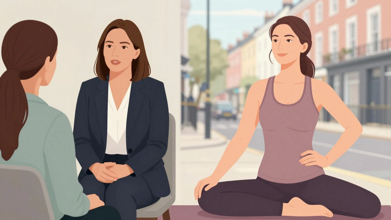 A woman transformed from vulnerability to strength, shown in two moments: consultation and confident yoga pose.