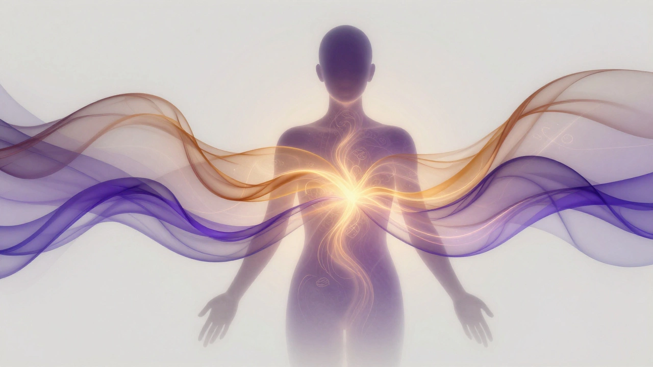 Abstract silhouette surrounded by flowing light waves symbolizing breath and energy moving through the body.