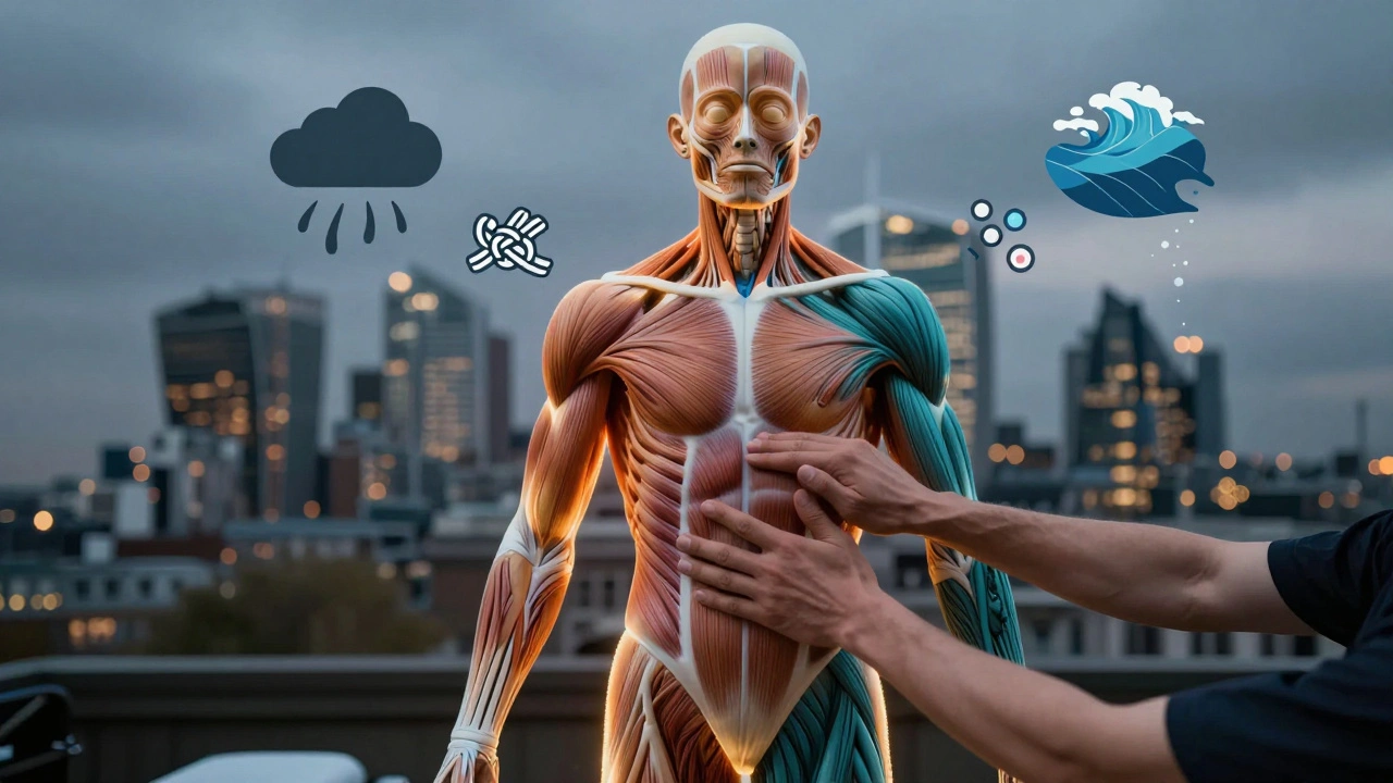 An artistic representation of the human body as a tuned machine, with glowing muscles and tension releasing into the air above a London skyline.