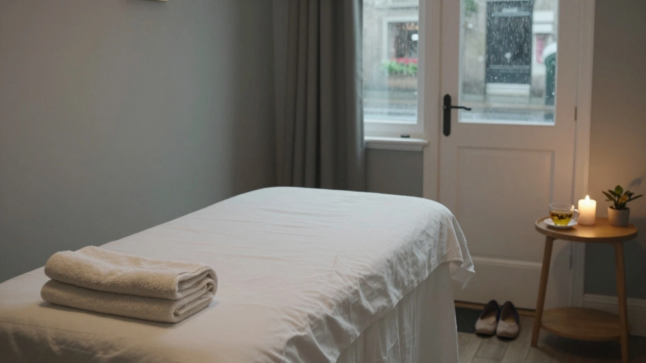 An empty massage room after a session, with folded towel, candle, and tea cup, evoking quiet peace and closure.