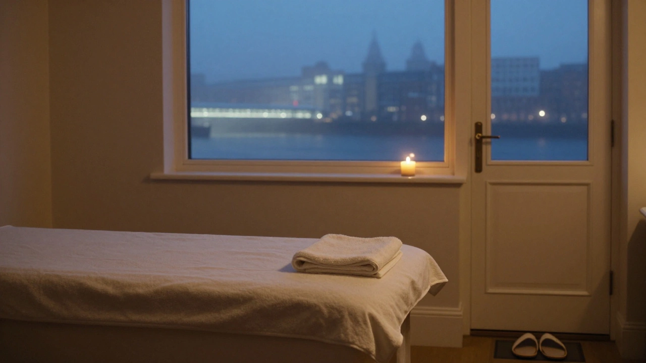 An empty massage room at twilight, candle glowing, slippers by the door, silent and serene.