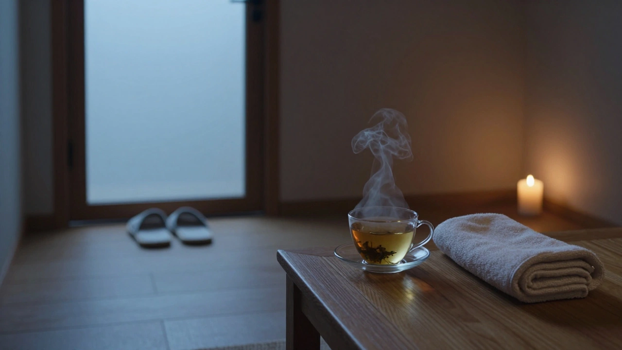 An empty, peaceful spa lounge with a steaming cup of tea and folded towel after a session.