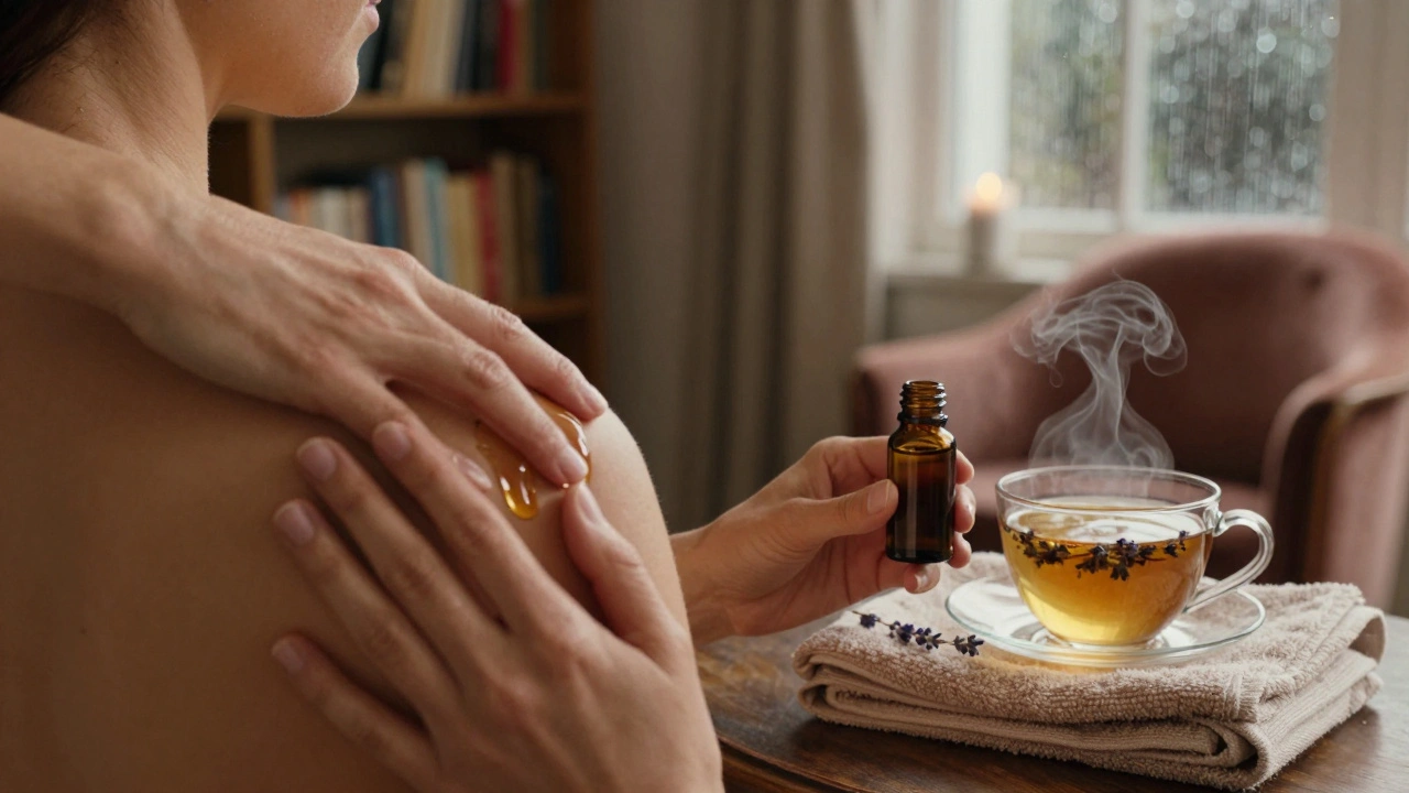 Close-up of hands applying massage oil and a bottle of lavender essential oil beside a towel and tea, in a cozy London apartment setting.