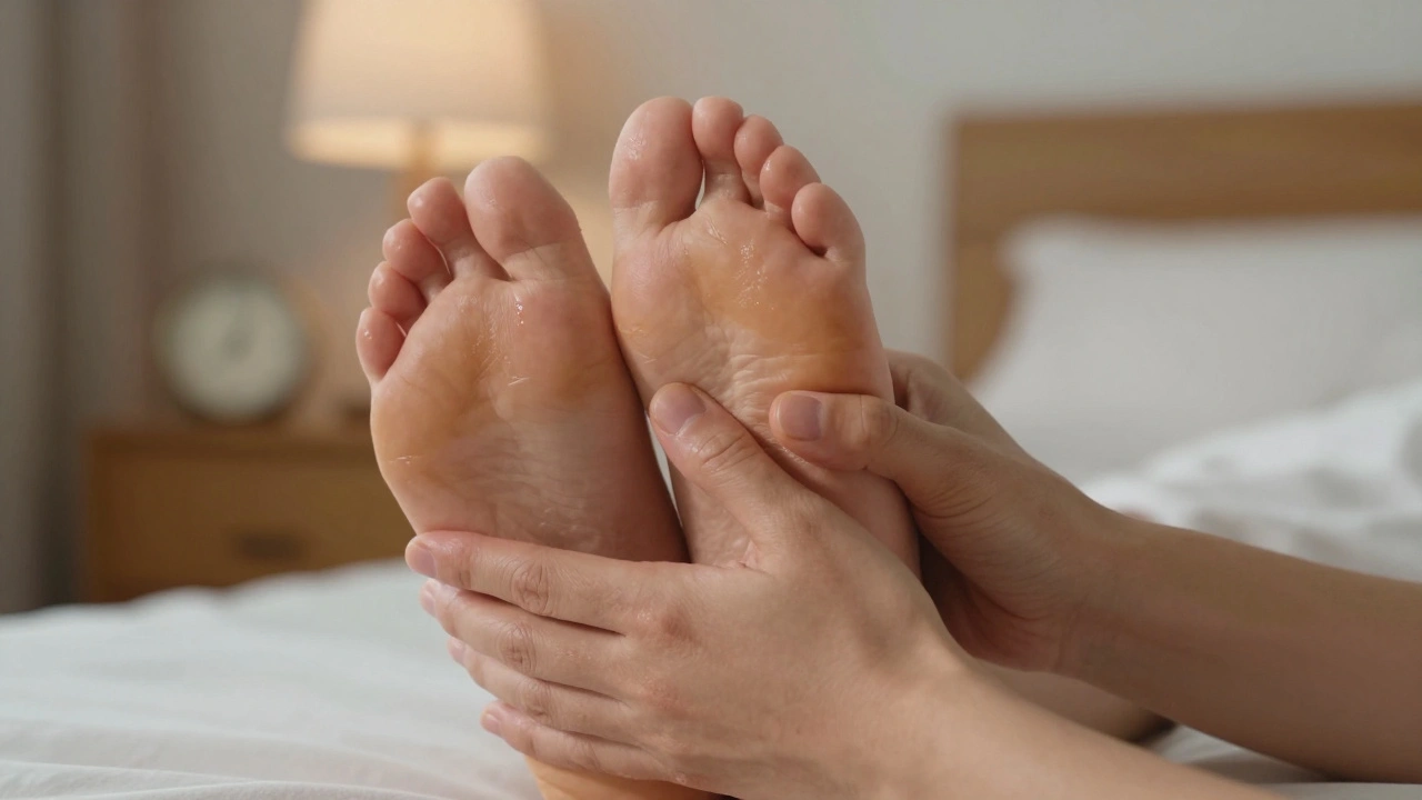 Close-up of hands gently pressing into the arch and ball of a bare foot, soft oil sheen, peaceful expression.