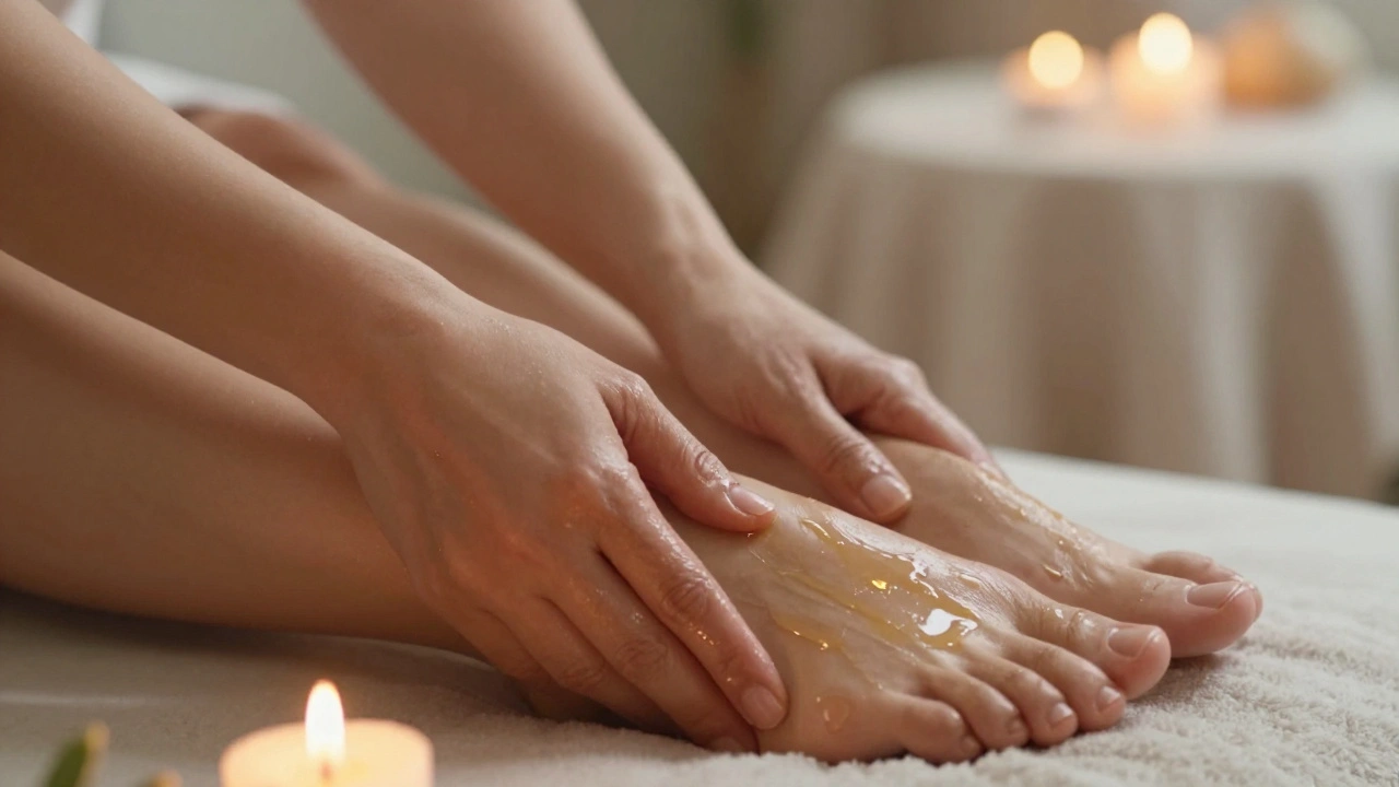 Close-up of hands slowly massaging feet with warm oil, candlelight reflecting on skin in a peaceful setting.